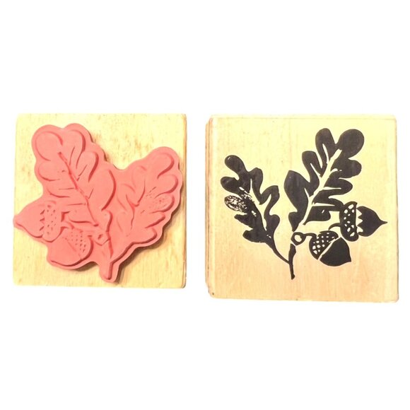 Oak Leaf & Acorn Wood Mounted Rubber Stamp 2x2 Inch Fall / Autumn - Picture 1 of 3